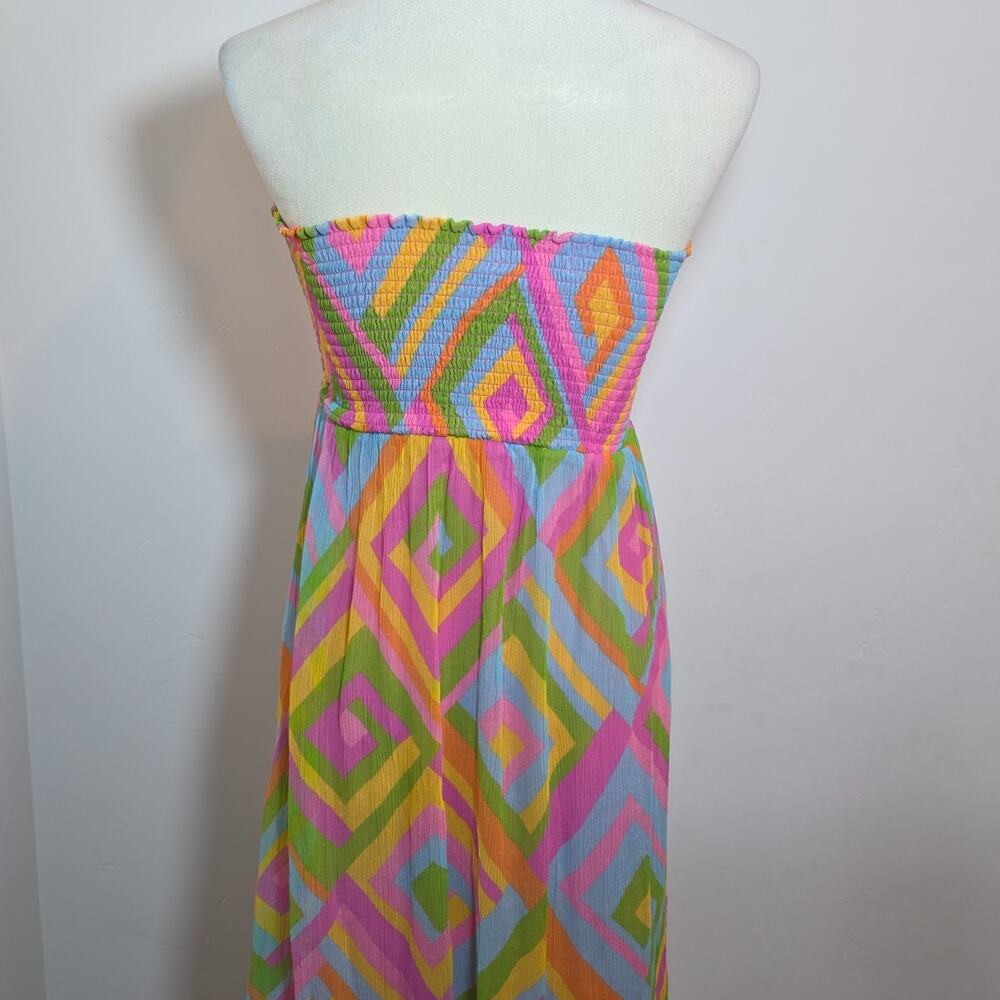 Vintage Strapless Silk Maxi Dress Multicolor Geometric Print Size XS Beach Party - Picture 6 of 8